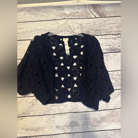 Chico's Sweaters - Chico’s Navy Blue Crochet Open Front Cardigan Shrug Size 2 (L)